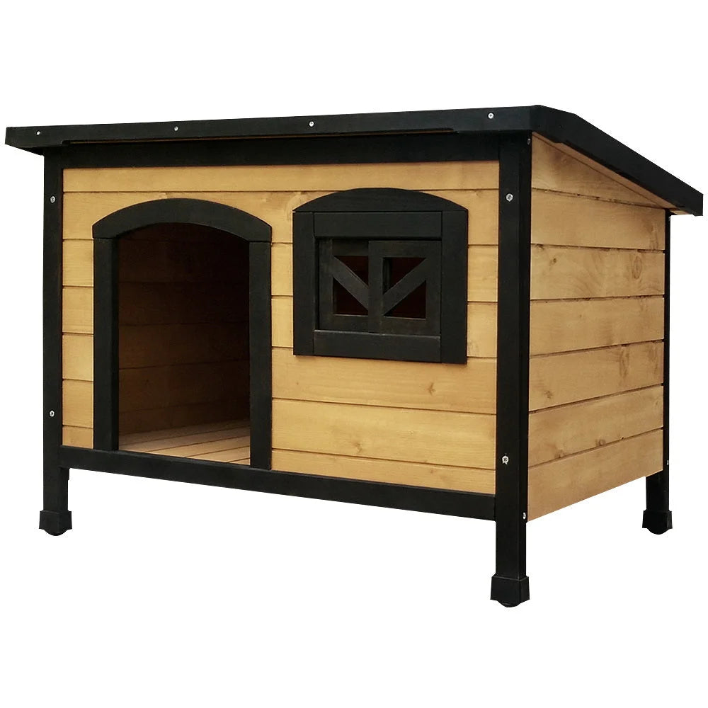 Black wooden dog kennel with large dog house and open entrance