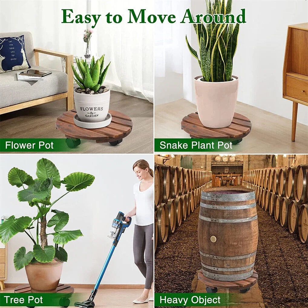 Wooden Plant Caddy Stand 2-Pack 360 Rotating Casters