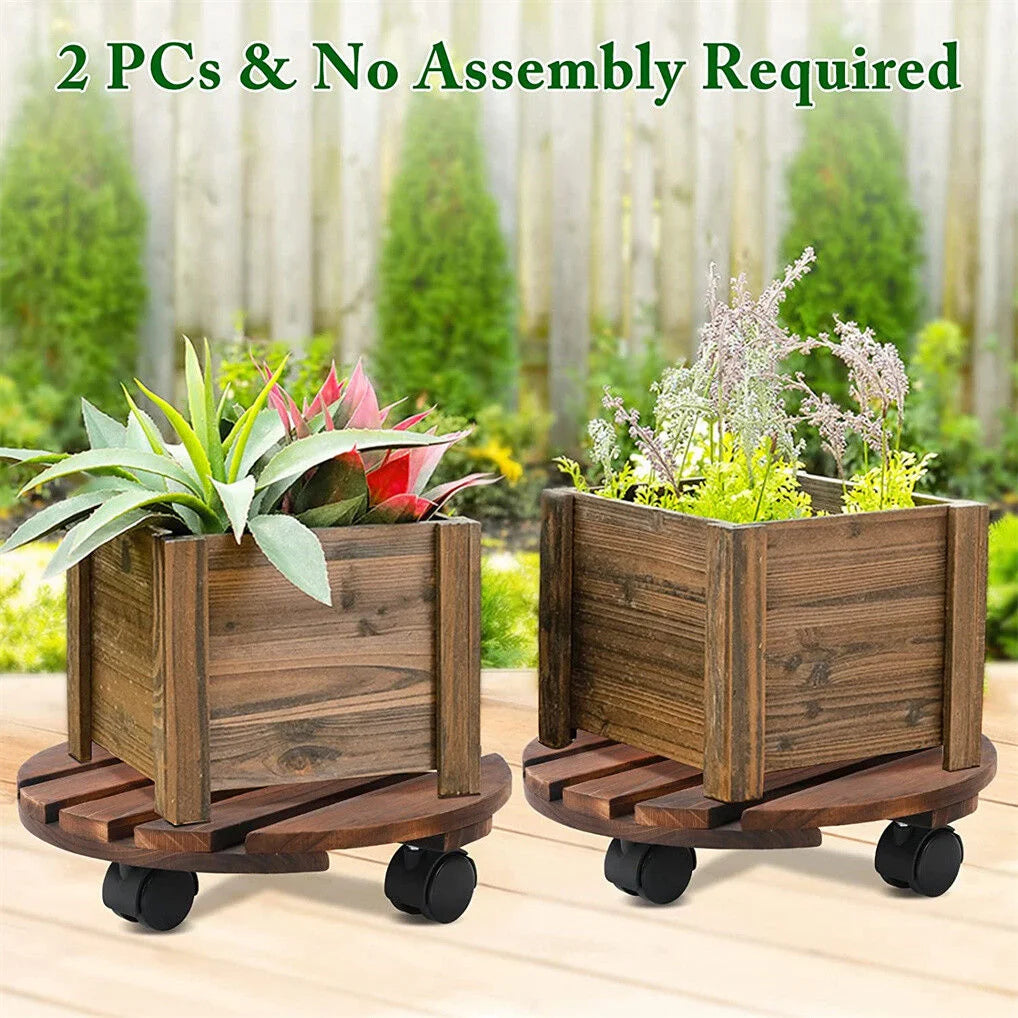 Wooden Plant Caddy Stand 2-Pack 360 Rotating Casters