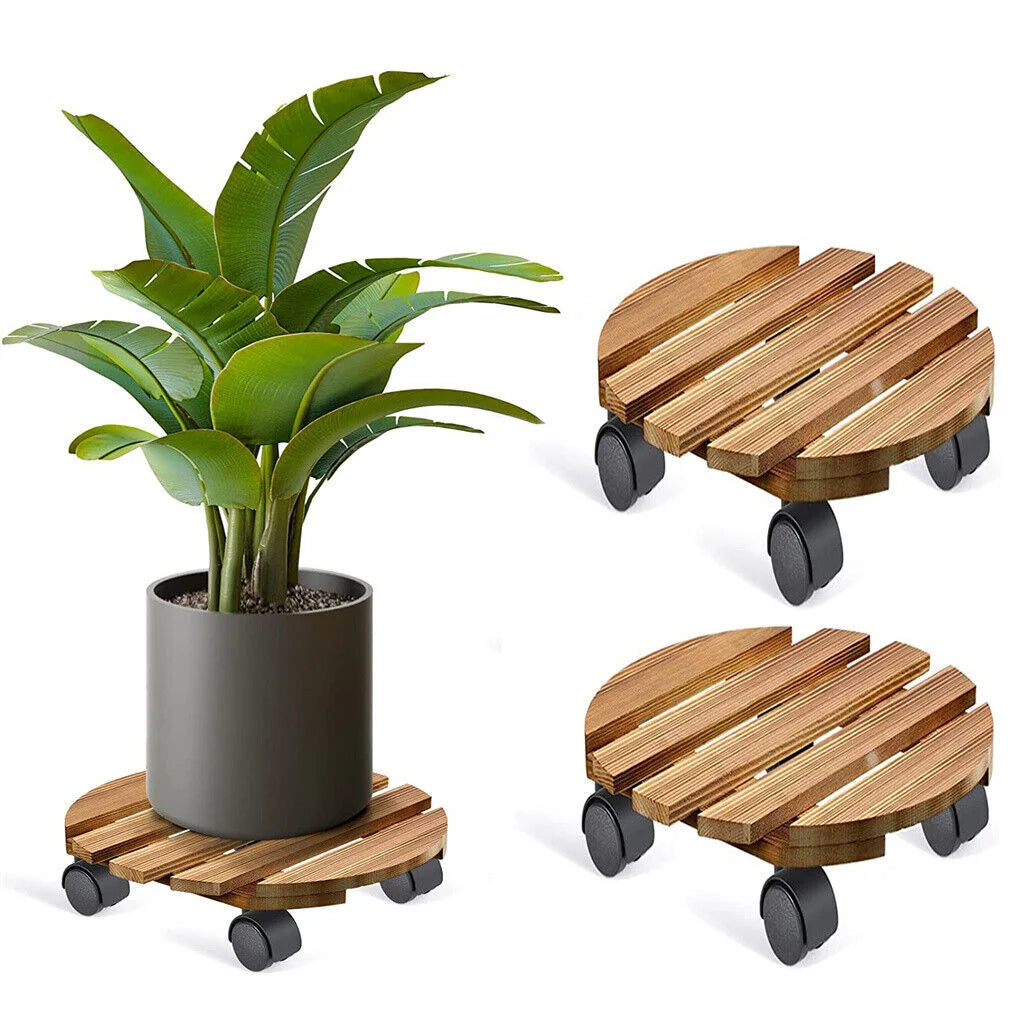 Wooden Plant Caddy Stand 2-Pack 360 Rotating Casters