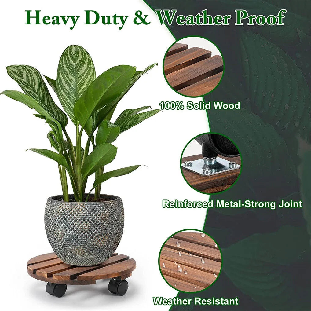 Wooden Plant Caddy Stand 2-Pack 360 Rotating Casters