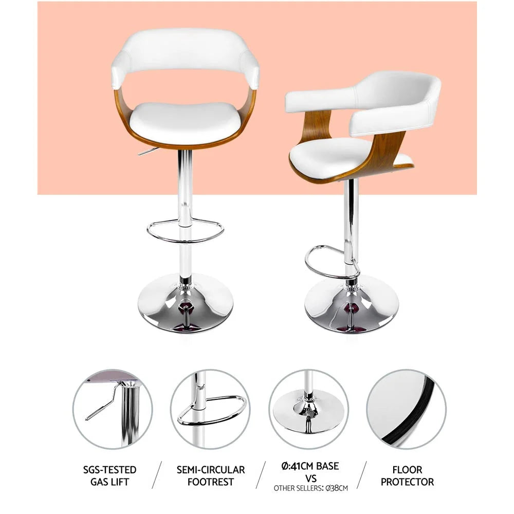 Wooden PU Leather Bar Stools Set of 2 - White and Chrome