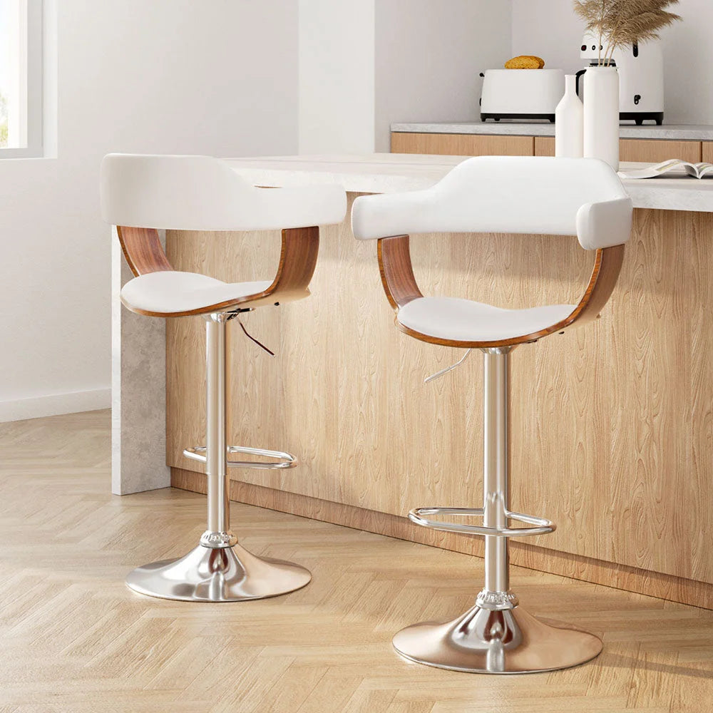 Set of two white PU leather swivel bar stools