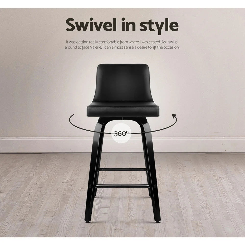 Wooden PU Leather Bar Stools Set of 4 - Black - Bar Stools