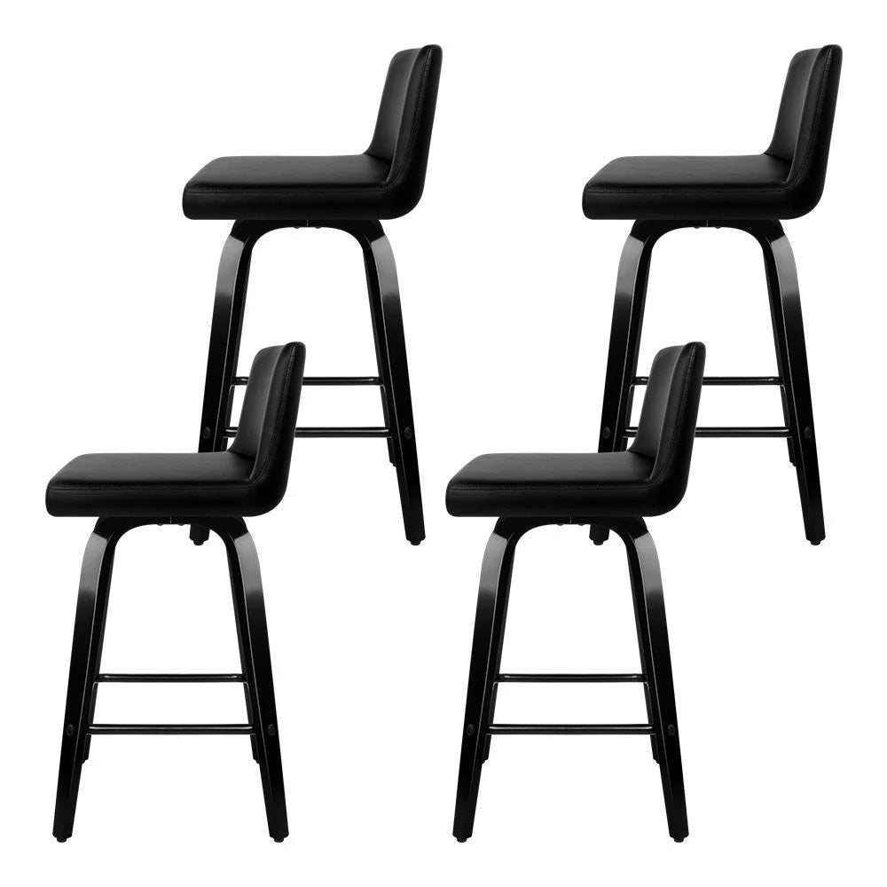 Wooden PU Leather Bar Stools Set of 4 - Black - Bar Stools