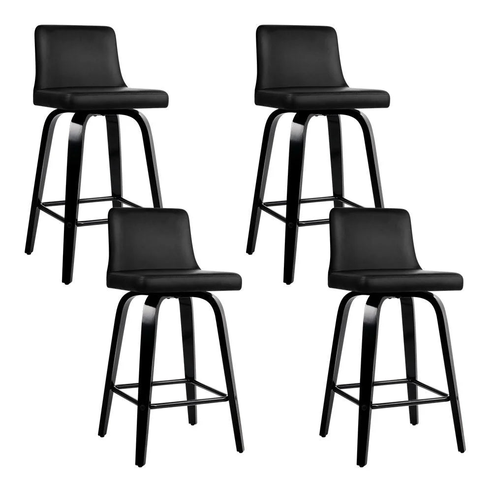 Wooden PU Leather Bar Stools Set of 4 - Black - Bar Stools