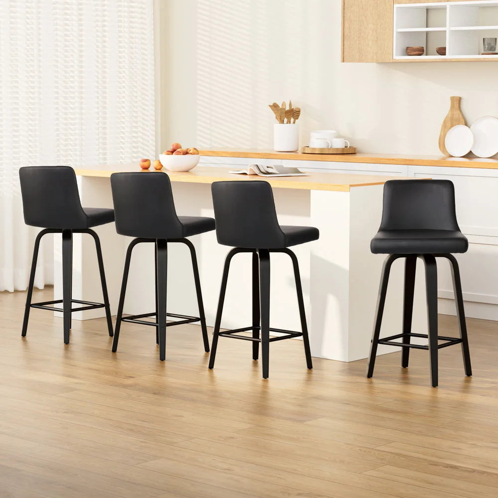 Wooden PU Leather Bar Stools Set of 4 - Black - Bar Stools