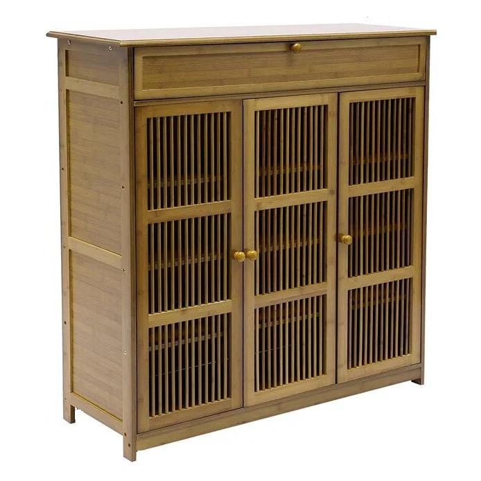 Wooden Shoe Rack XL 4 Tier 3 Doors Drawers Shelves Cabinet