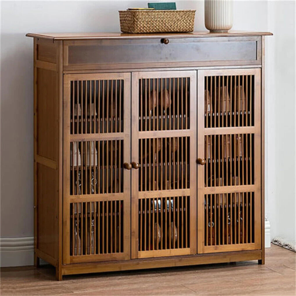 Wooden Shoe Rack XL 4 Tier 3 Doors Drawers Shelves Cabinet