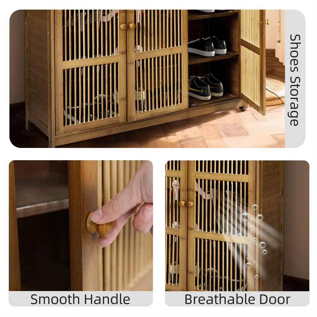 Wooden Shoe Rack XL 4 Tier 3 Doors Drawers Shelves Cabinet