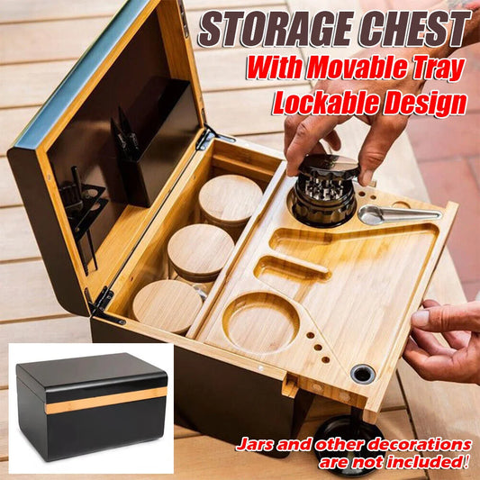 Wooden Storage Chest Box Lockable with Movable Rolling Tray
