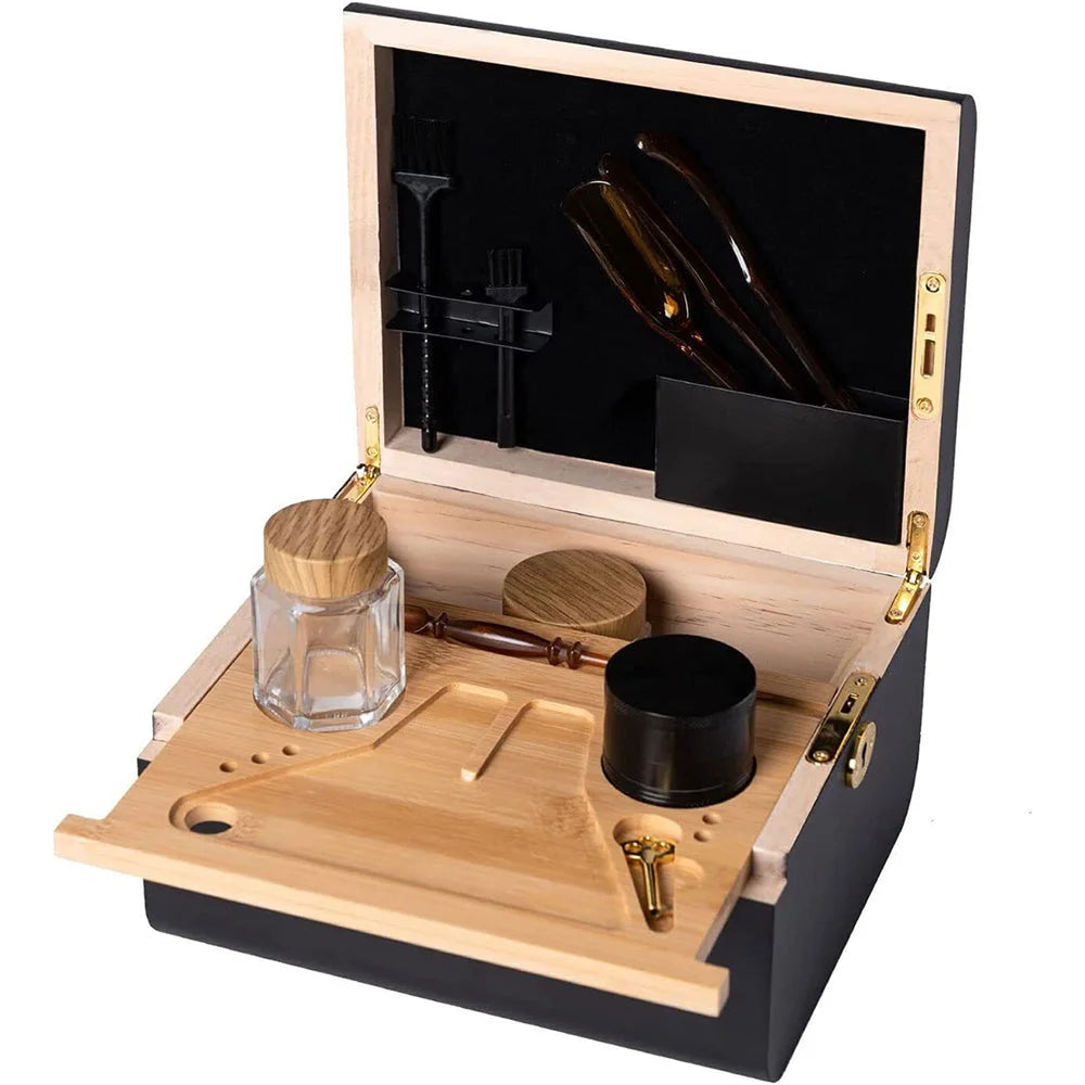 Wooden Storage Chest Box Lockable with Movable Rolling Tray