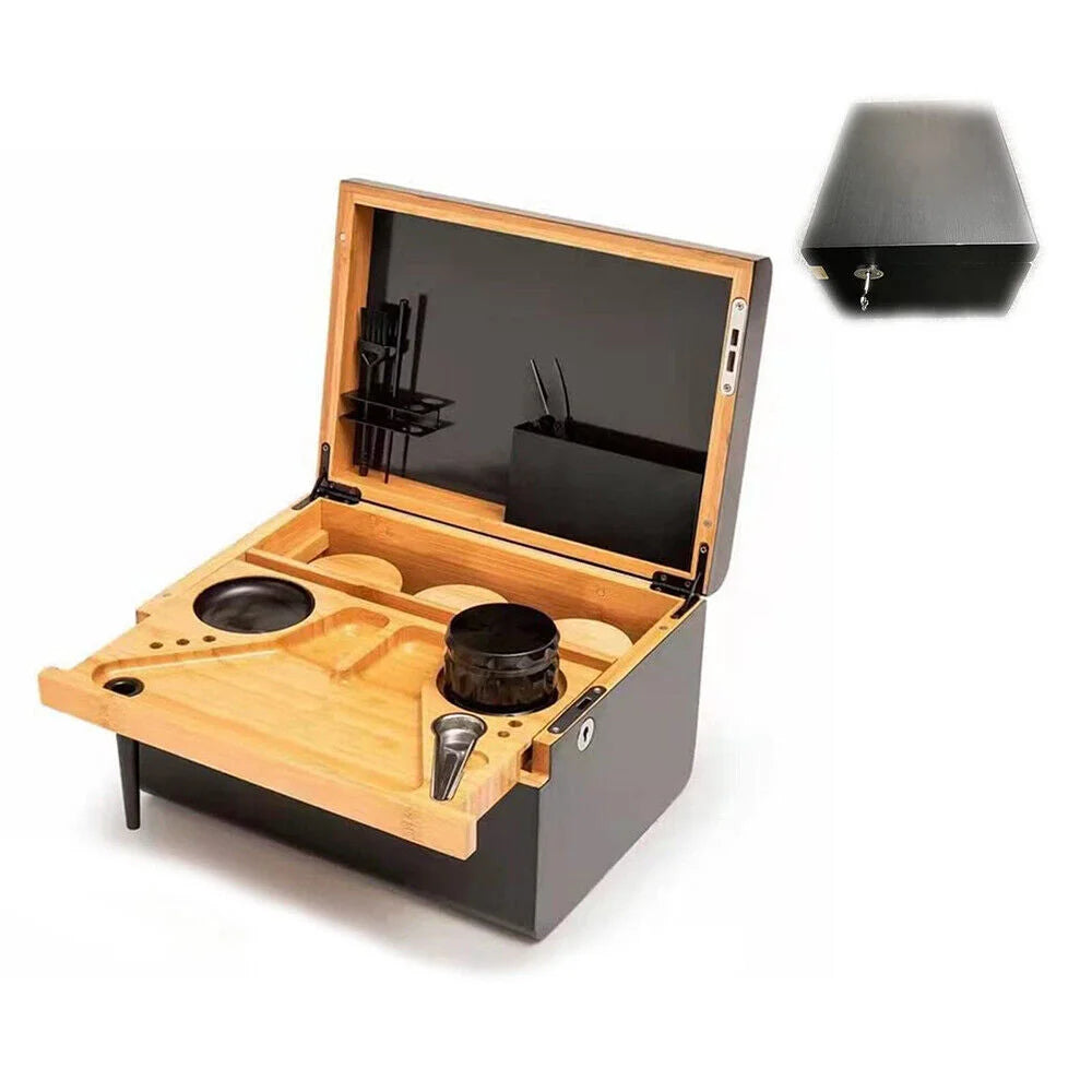 Wooden Storage Chest Box Lockable with Movable Rolling Tray