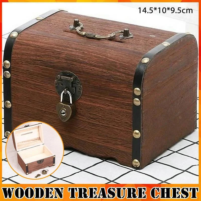 Wooden treasure chest retro with size cues and product form