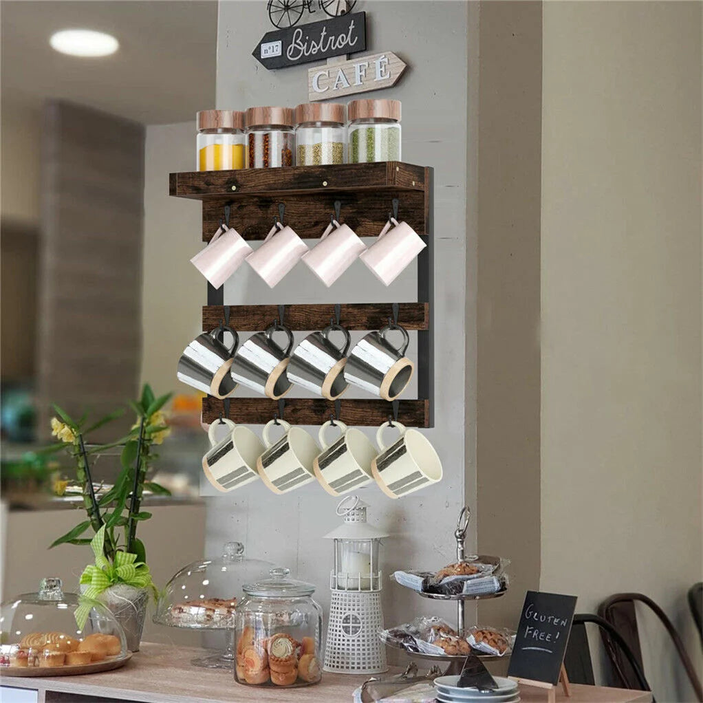 Wooden Wall Mounted Coffee Mug Rack 12 Hooks Cup Holder
