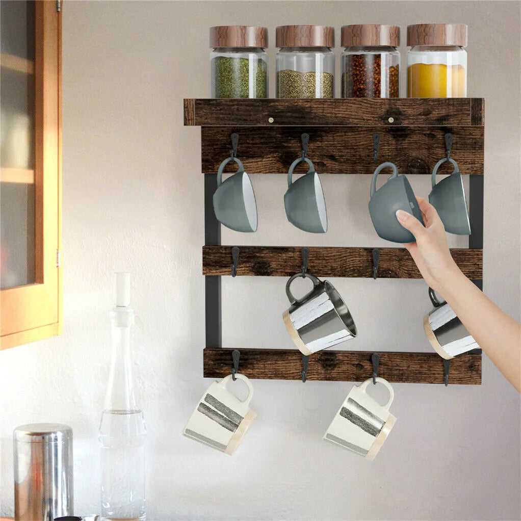 Wooden Wall Mounted Coffee Mug Rack 12 Hooks