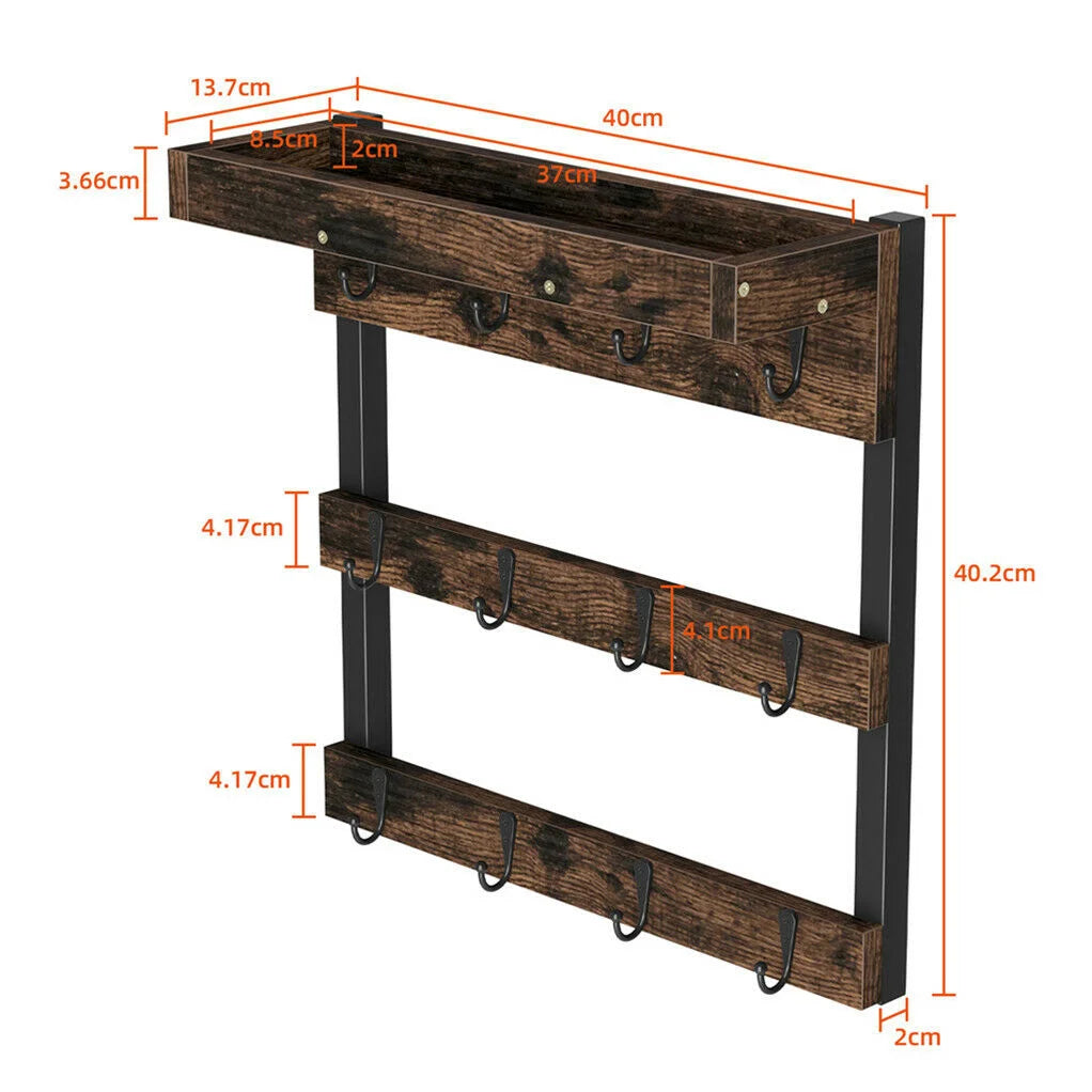 Wooden Wall Mounted Coffee Mug Rack 12 Hooks Cup Holder