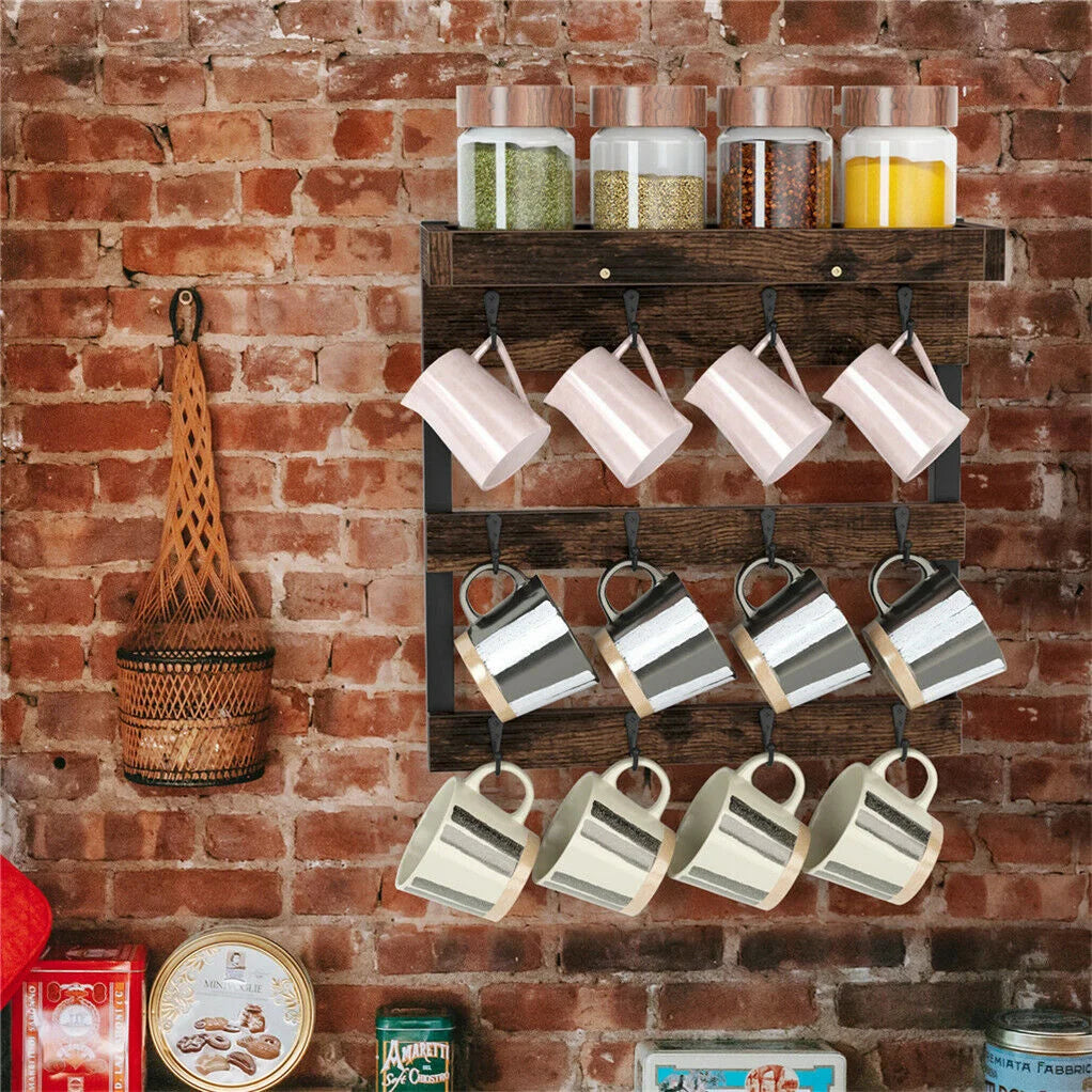 Wooden Wall Mounted Coffee Mug Rack 12 Hooks Cup