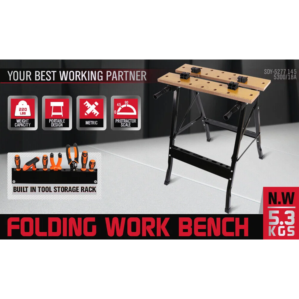 Work Bench Foldable Sawhorse Garage Trestle Wood Cutting
