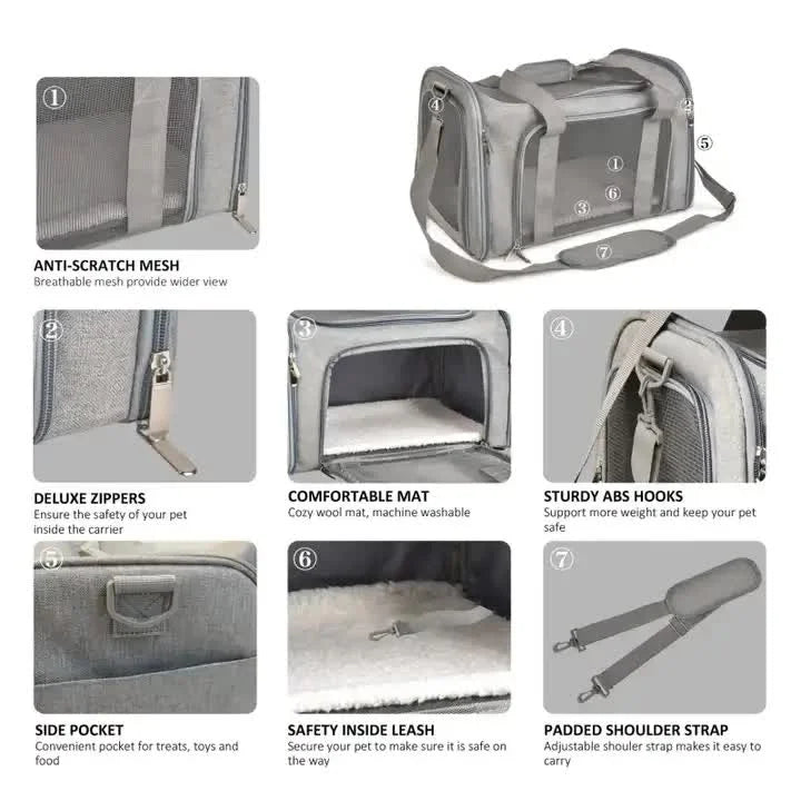XL Grey Portable Foldable Pet Carrier Bag - Large Capacity