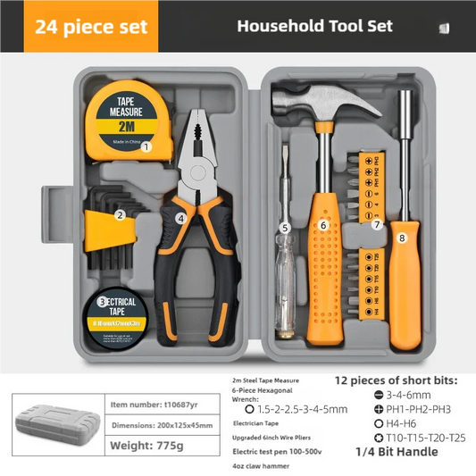 Yellow 24-Piece Household Tool Set Complete Home Repair Kit