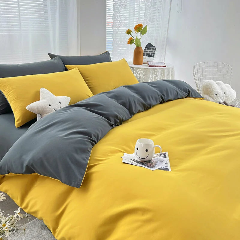 Yellow and Grey 4-Piece Cotton Bedding Set - Fits 1.5m/1.8m