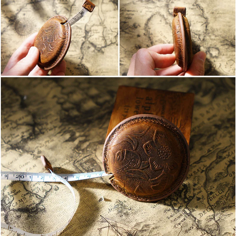 Yellow Brown Mini Leather Tape Measure - 1.5m/60in - Round