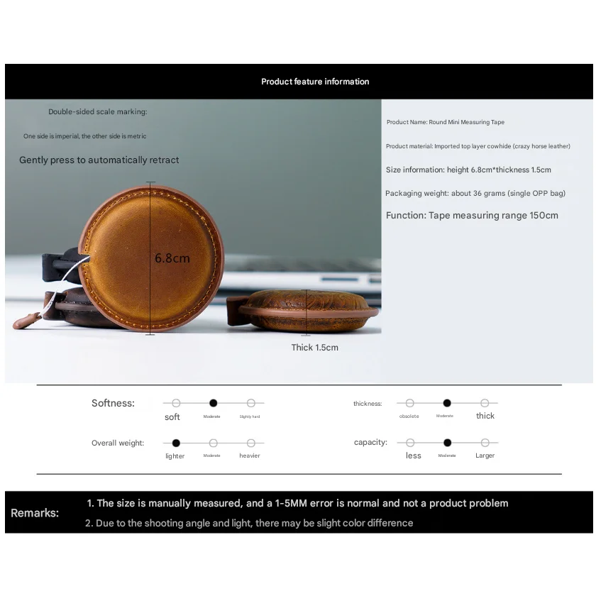 Yellow Brown Mini Leather Tape Measure - 1.5m/60in - Round