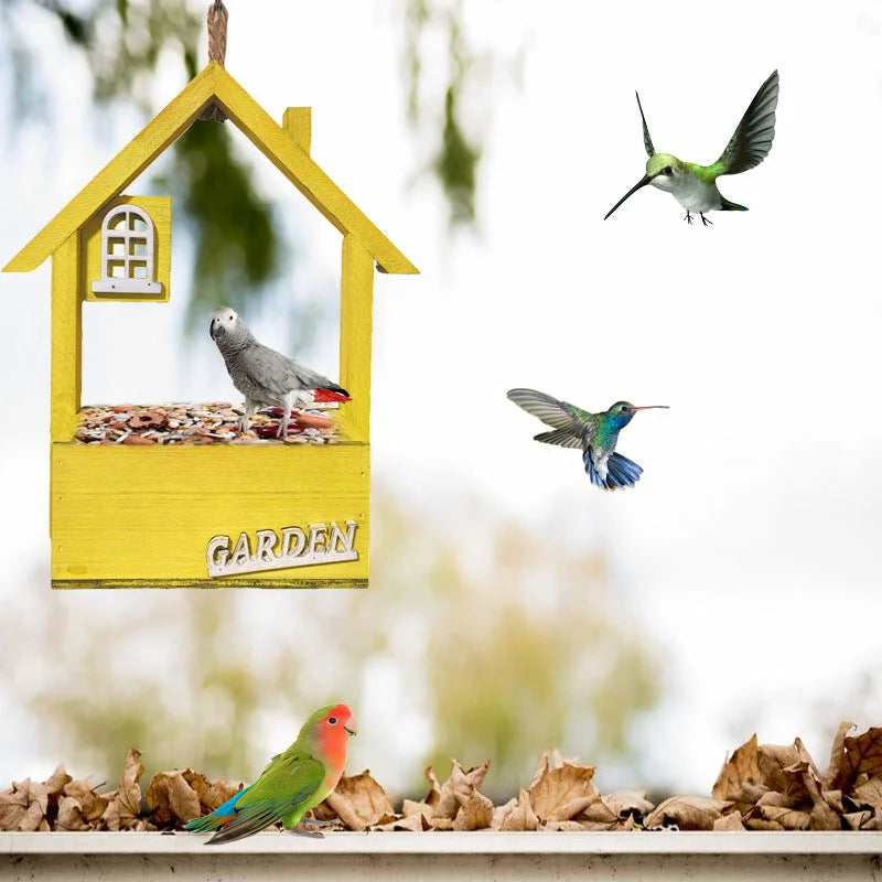 Yellow Charming Wooden House Hanging Bird Feeder