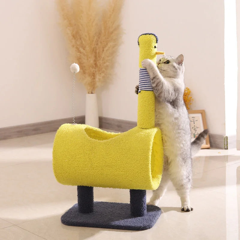 Yellow Chicken-Theme Cat Tree with Tunnel