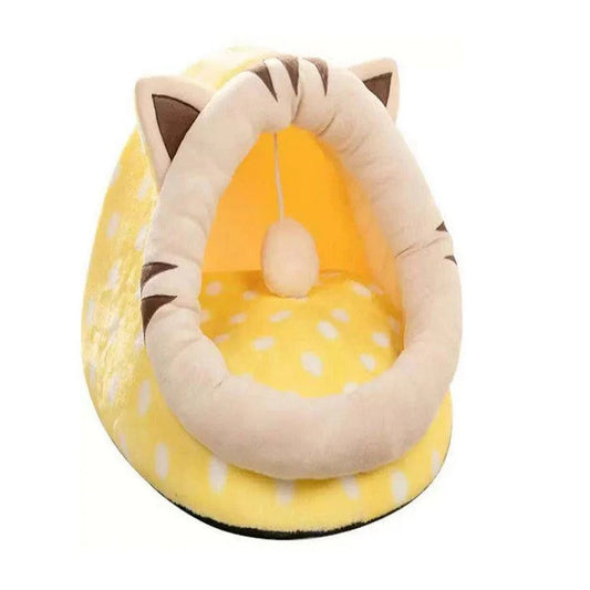 Yellow Half-Enclosed Cat Bed - Soft Short Velvet Fabric