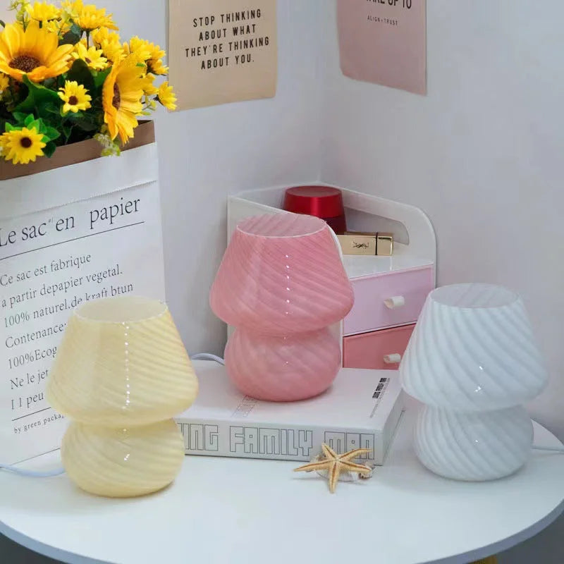 Yellow Retro Swirl Glass Mushroom Table Lamp - USB Powered