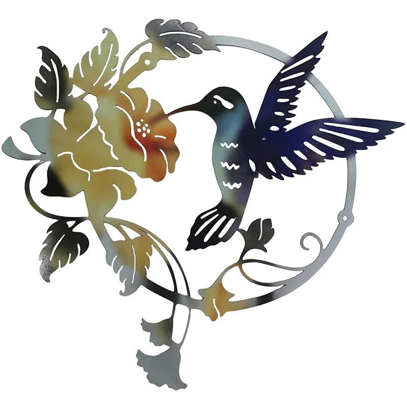 Yellow Set of 2 Round Metal Wall Art - Hummingbird & Flower