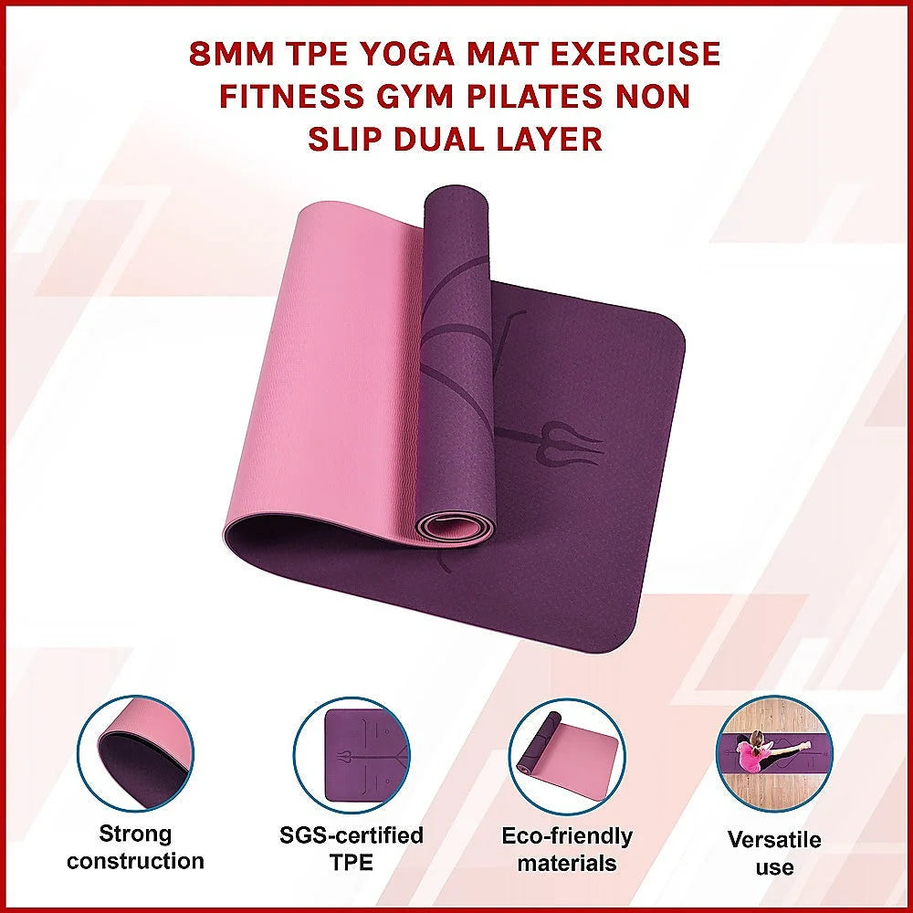 Yoga Mat 8mm TPE Exercise Fitness Gym Pilates Non-Slip Dual