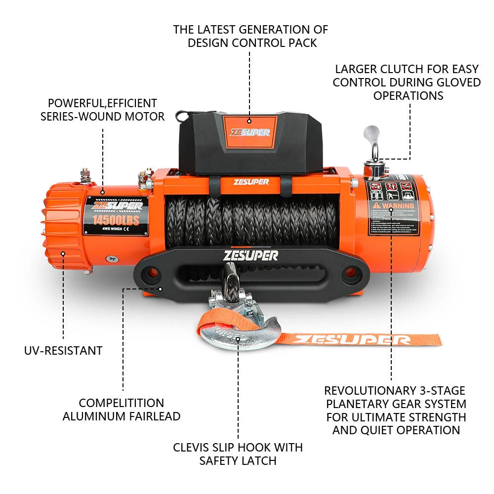 ZESUPER 12V Electric Winch 14500lbs Synthetic Rope Wireless