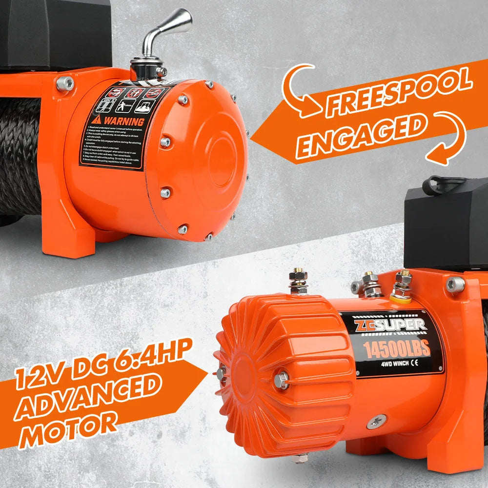 ZESUPER 12V Electric Winch 14500lbs Synthetic Rope Wireless