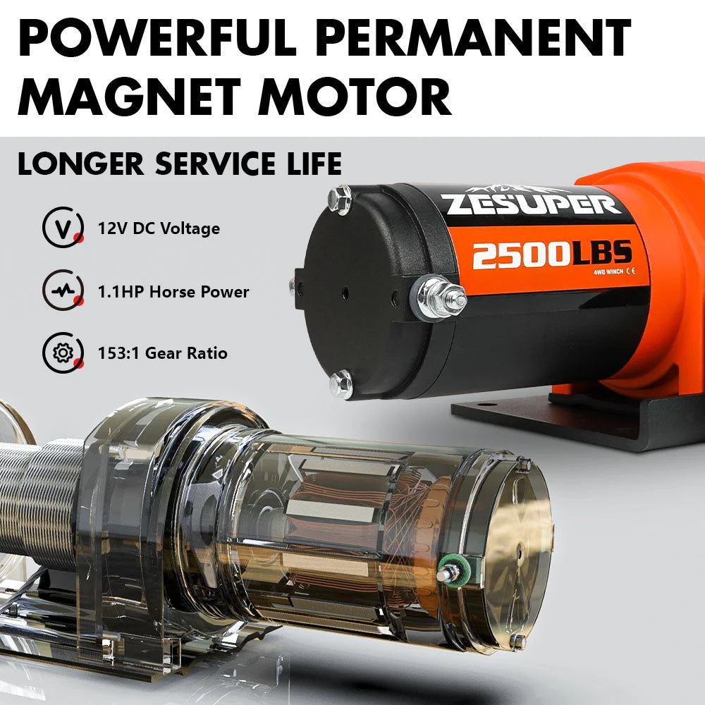 ZESUPER 12V Electric Winch 2500lbs Synthetic Rope Wireless