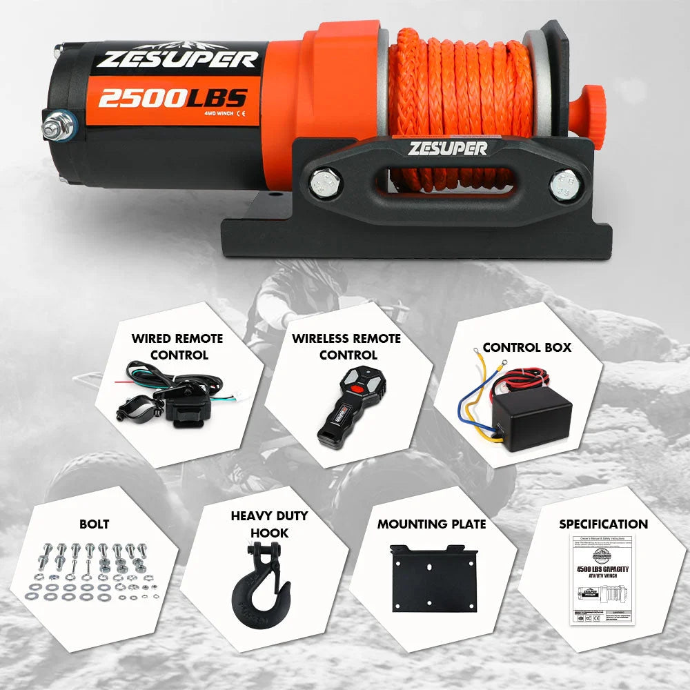 ZESUPER 12V Electric Winch 2500lbs Synthetic Rope Wireless