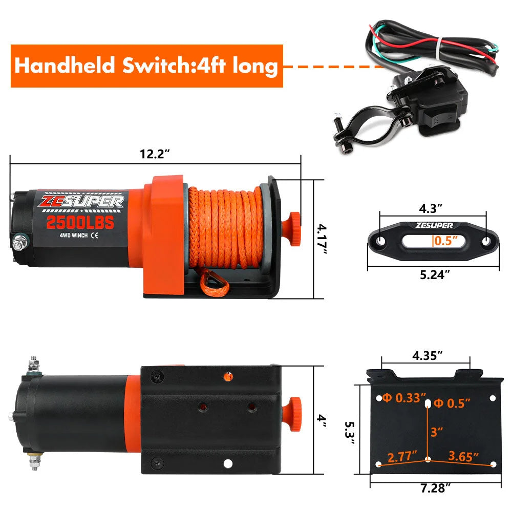 ZESUPER 12V Electric Winch 2500lbs Synthetic Rope Wireless