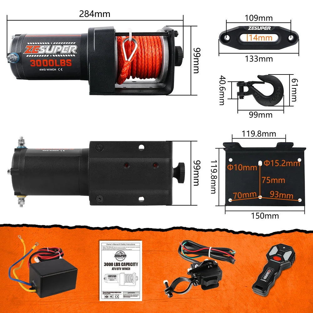 ZESUPER 12V Electric Winch 3000lbs Synthetic Rope Wireless