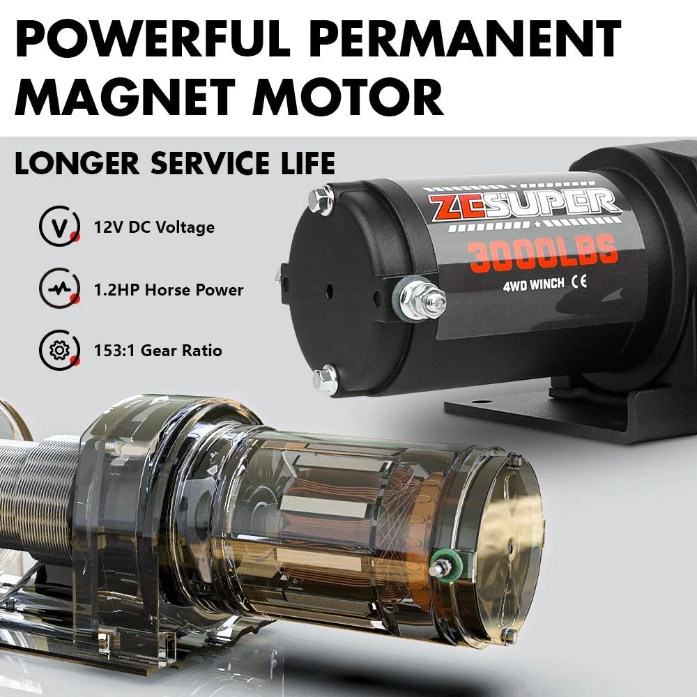 ZESUPER 12V Electric Winch 3000lbs Synthetic Rope Wireless