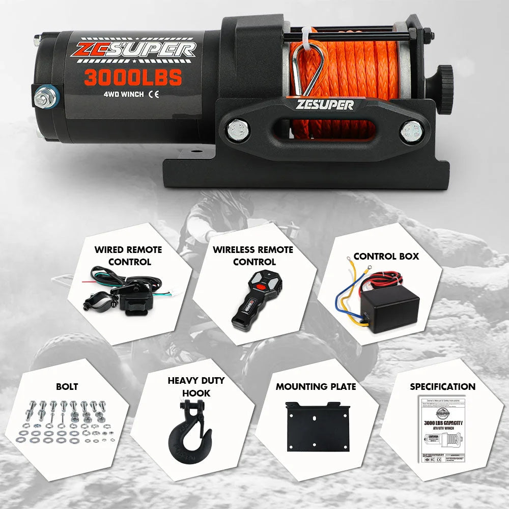 ZESUPER 12V Electric Winch 3000lbs Synthetic Rope Wireless