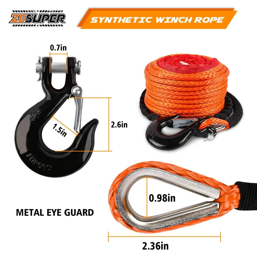 ZESUPER Winch Rope 9.5MM X 30M Dyneema SK75 Hook Synthetic