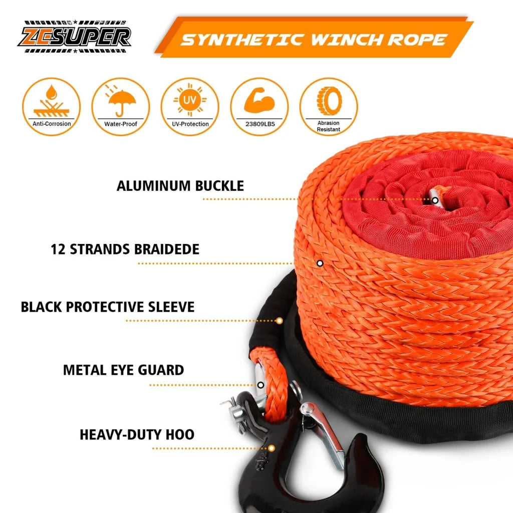 ZESUPER Winch Rope 9.5MM X 30M Dyneema SK75 Hook Synthetic