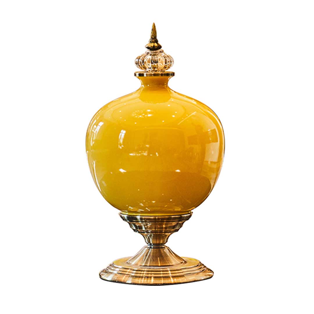 Premium 38cm Ceramic Oval Flower Vase with Gold Metal Base Yellow - image1