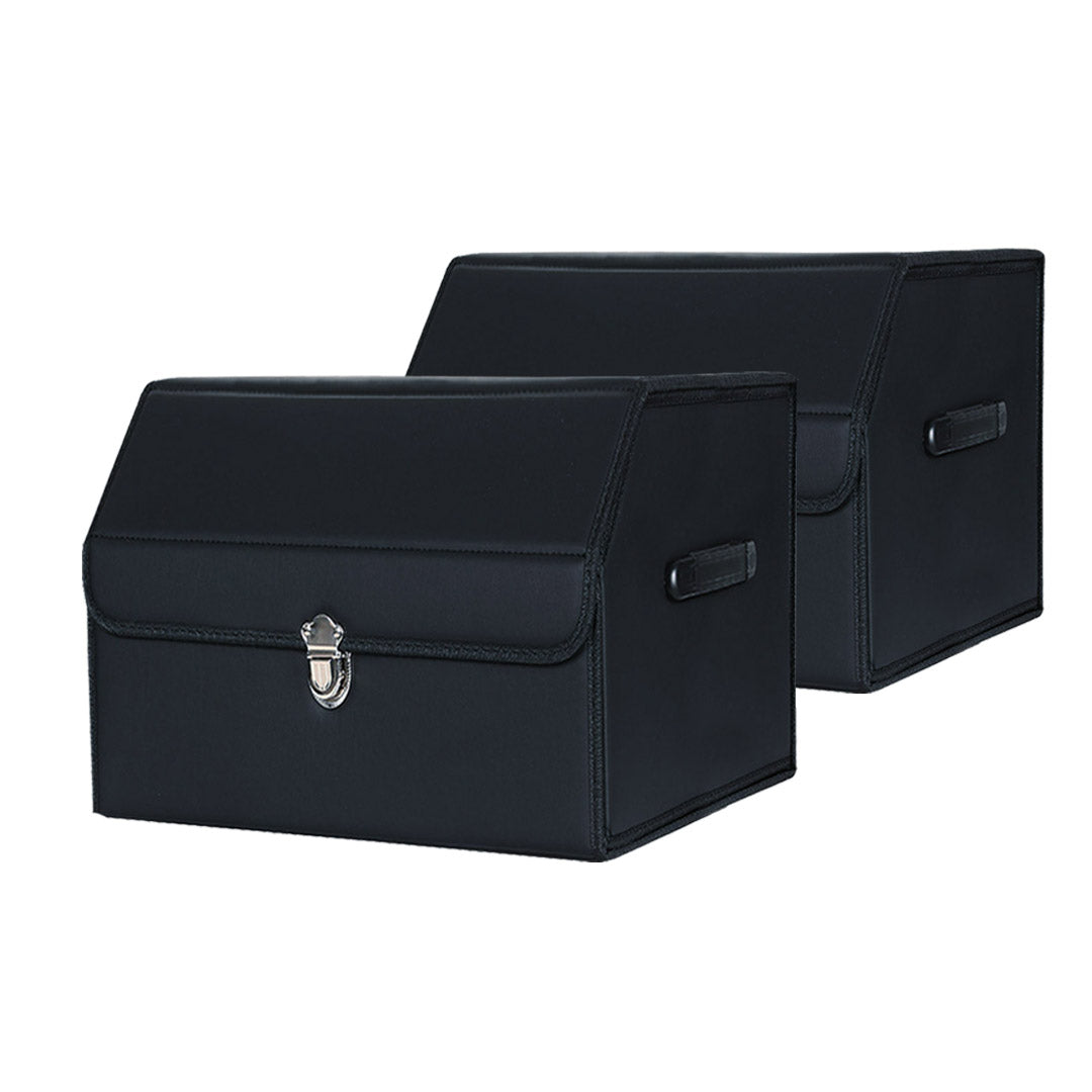 Premium 2X Leather Car Boot Collapsible Foldable Trunk Cargo Organizer Portable Storage Box With Lock Black Small - image1