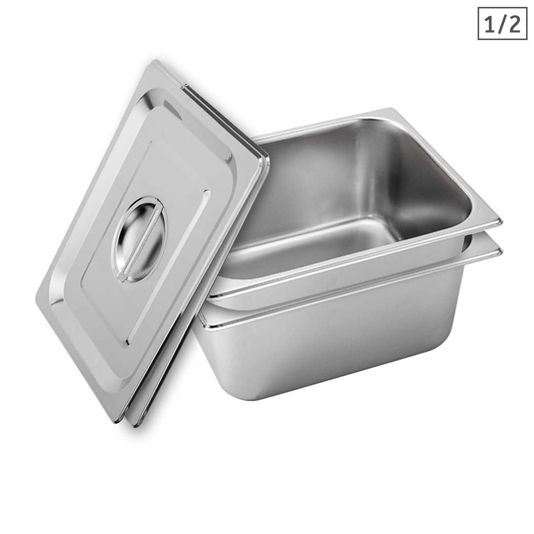 Premium 2X Gastronorm GN Pan Full Size 1/2 GN Pan 15cm Deep Stainless Steel With Lid - image1