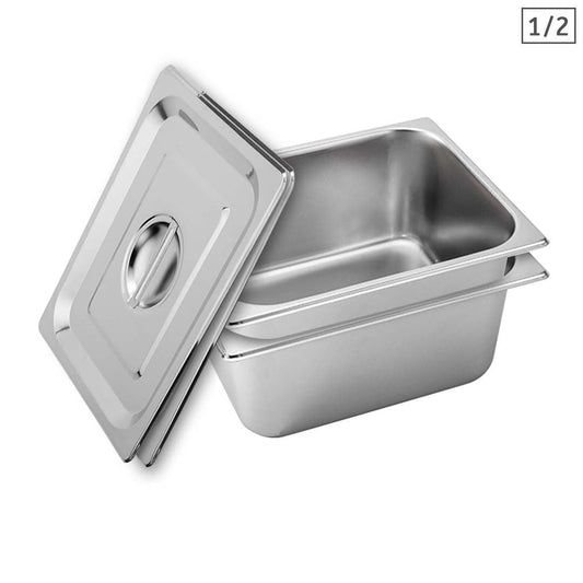 Premium 2X Gastronorm GN Pan Full Size 1/2 GN Pan 15cm Deep Stainless Steel With Lid - image1