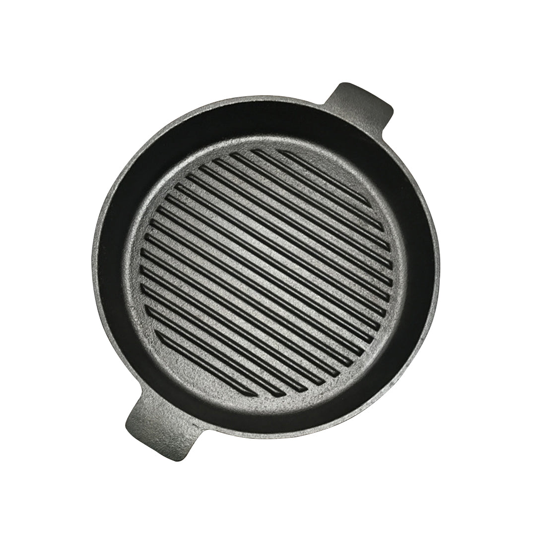 Premium 25cm Round Ribbed Cast Iron Frying Pan Skillet Steak Sizzle Platter with Handle - image1