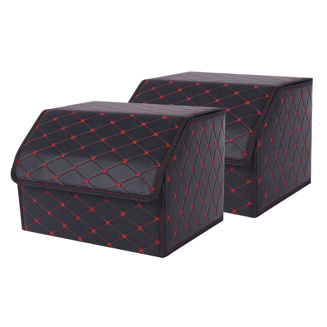 Premium 2X Leather Car Boot Collapsible Foldable Trunk Cargo Organizer Portable Storage Box Black/Red Stitch Medium - image1